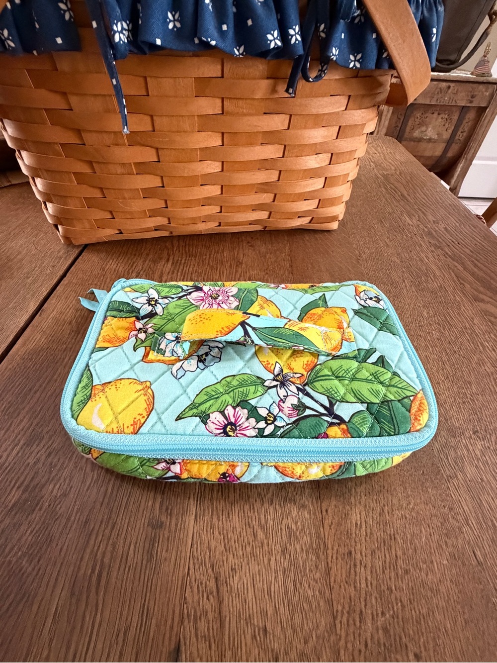 Vera Bradley Quilted Lemon Print Cosmetic Case in Light Blue